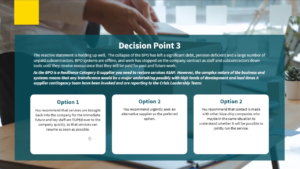 A decision point screen from a scenario based e-learning module that shows Decision Point 3, some text about this decision point, then Option 1, Option 2 and Option 3