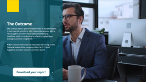 A screen from a scenario based e-learning module a man in the office talking on the phone is seen on the right