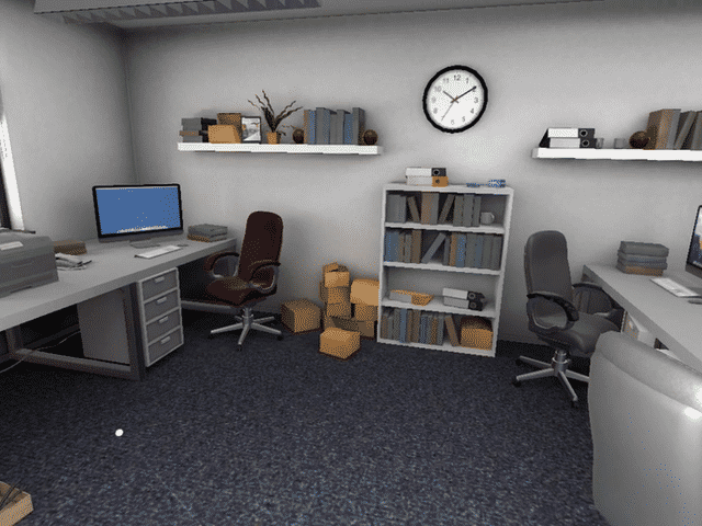 A gif of someone looking around a virtual office environment, and selecting a plug socket to identify it as a fire hazard