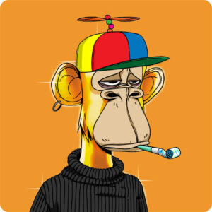 Golden Ape on an orange background with a hat and sweater on and a party popper in his mouth