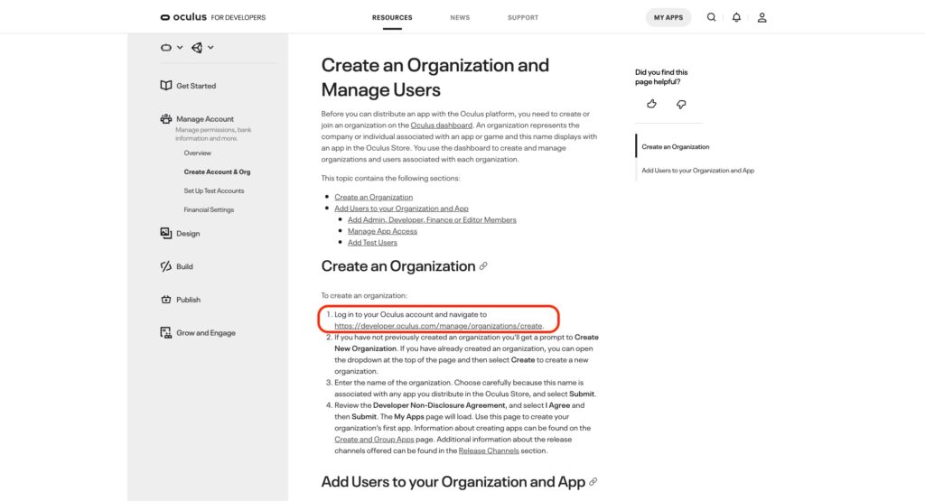 Screenshot of the Create an Organisation page of the Oculus Developers hub
