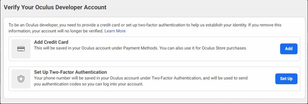 Screenshot of the verification Process on the Oculus Developers Hub