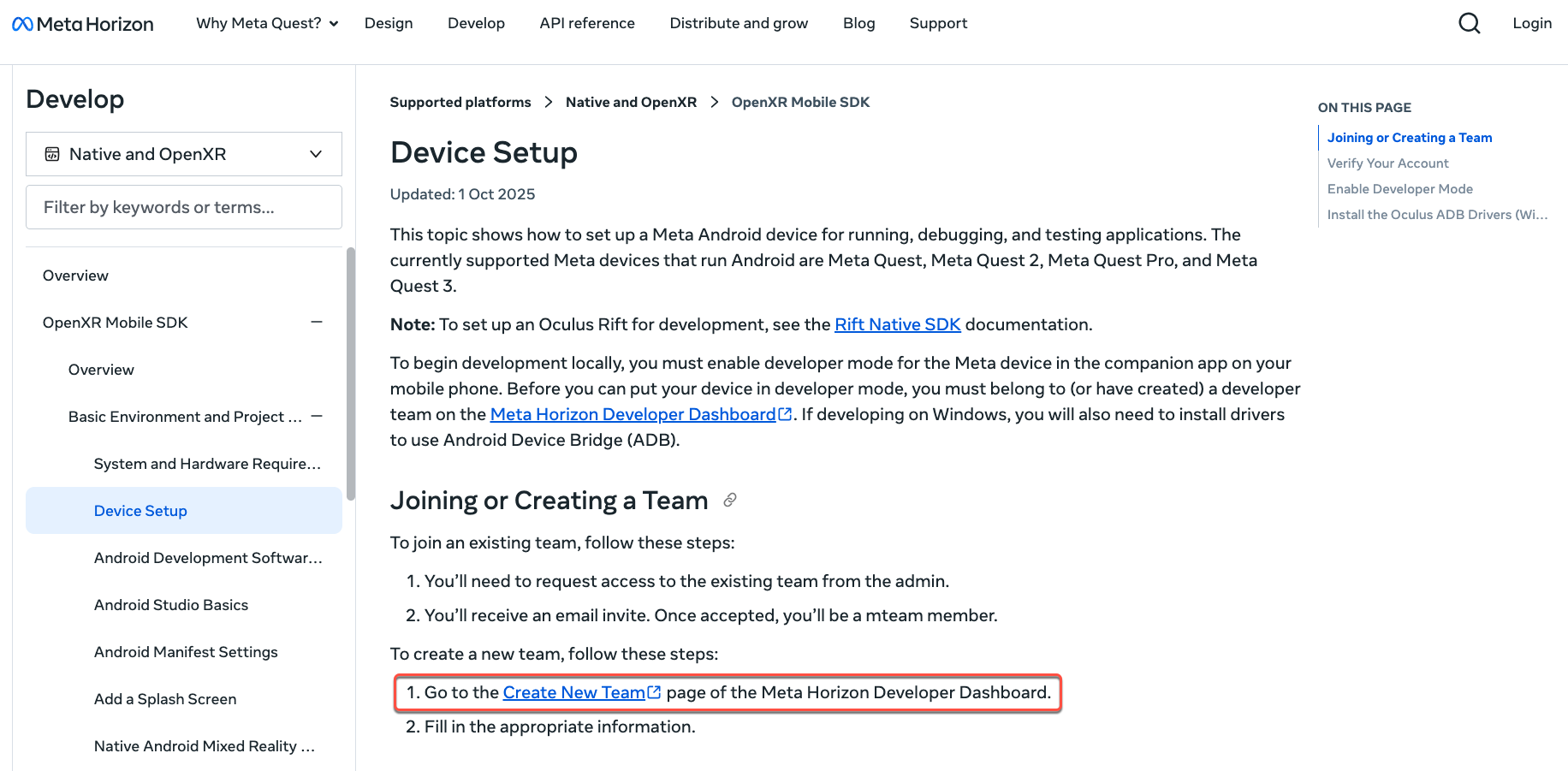 Screenshot of the Meta Horizon Developer website showing the “Device Setup” page under the “OpenXR Mobile SDK” section. The page explains how to set up a Meta Quest device for development, including enabling developer mode and joining or creating a team. A paragraph under the “Joining or Creating a Team” heading lists steps, with step 1 - “Go to the Create New Team page of the Meta Horizon Developer Dashboard” - highlighted with a red box.