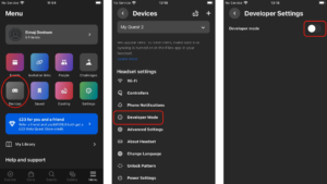 3 iPhone Screenshots of the Oculus app with Red circles Highlighting how to Turn Developer Mode on