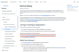 Screenshot of the Meta Horizon Developer documentation page on 'Device Setup,' outlining steps to join or create an organisation, verify an account, and enable developer mode.