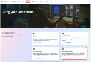 Screenshot of the Meta Horizon developer platform webpage, highlighting the 'Develop' tab and the 'Native and OpenXR' section, which provides tools for creating immersive XR experiences.