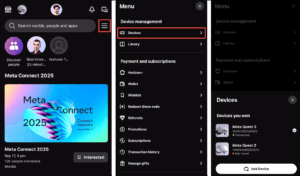 Three screenshots of the Meta (Oculus) mobile app interface showing how to view connected VR devices. The first screenshot shows the home screen with the search bar and menu icon (three horizontal lines) highlighted in red. The second screenshot shows the opened menu with the “Devices” option under “Device management” highlighted in red. The third screenshot shows the “Devices” screen displaying two headsets: a connected Meta Quest 3 and Meta Quest 2. A button labeled “Add Device” is visible at the bottom.