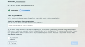 Screenshot of the Meta Horizon developer onboarding page, prompting the user to enter their organisation's legal name and accept the terms before proceeding with app distribution.
