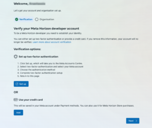 Screenshot of the Meta Horizon developer account verification page, offering two-factor authentication or credit card verification options for establishing identity.
