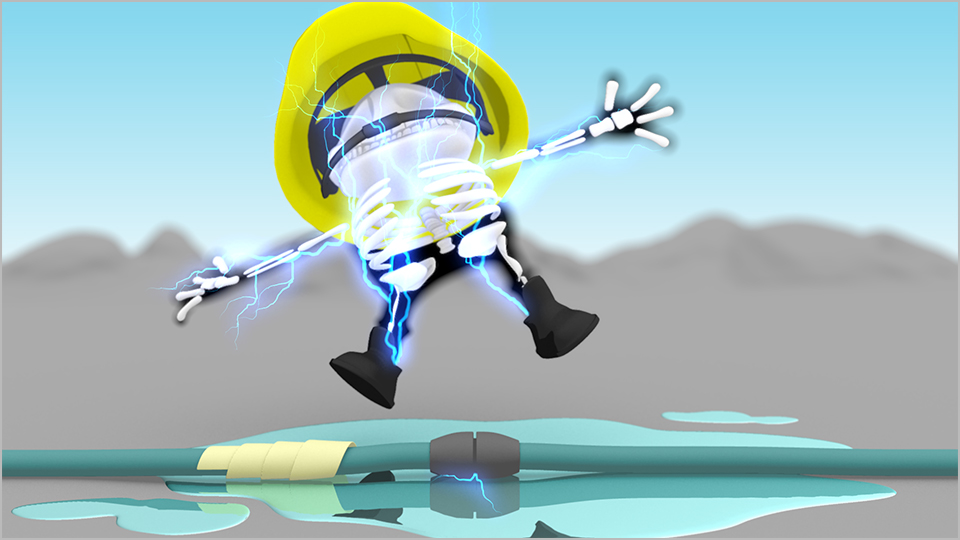 A character being electrocuted from a plug being left in a puddle at a construction site
