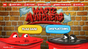 Home screen on the Biffa Waste Munchers game. The name is written on a brick wall in graffiti style, bellow it are two buttons: "Play game" in yellow and "Instructions" in blue. The waste bin character heads are seen at the bottom