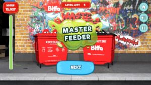 Screenshot from Biffa Waste Munchers Phone game showing the completion of the level badge saying "Master Feeder"