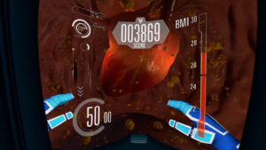 Still from the Diabetes Voyager VR game, a realistic heart with two pairs of hands in the foreground