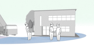 Two people with construction hats shaking hands infront of a finished Modulek Building as the third Places down a potted plant