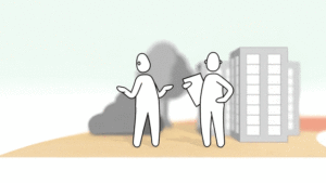 Camera shot of Two people talking, then moving along a pathway to a person designing at a desk, then moving to someone calculating