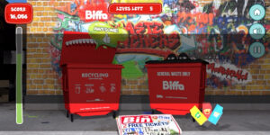 Biffa Waste munchers gameplay, the Recycling Bin and the General waste bin against a graffiti-d wall, with some sauce sachets and a newspaper scrolling past