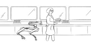 Whiteboard Illustration of a scientist holding test tubes and walking in front of a robot who is holding a beaker