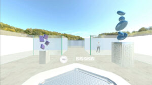 VR Environment of a Glass Maze with statues on either side and a person standing in the distance
