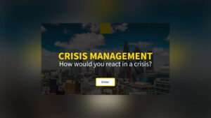The text Crisis Management: How would you react in a crisis? Over a greyed out image of the London Skyline