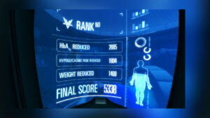 Still from Diabetes Voyager VR experience. A futuristic interface displaying health metrics, including HbA1c reduction, hypoglycaemic risk reduction, and weight reduction, alongside a final score.