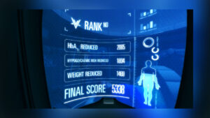 Still from Diabetes Voyager VR experience. A futuristic interface displaying health metrics, including HbA1c reduction, hypoglycaemic risk reduction, and weight reduction, alongside a final score.
