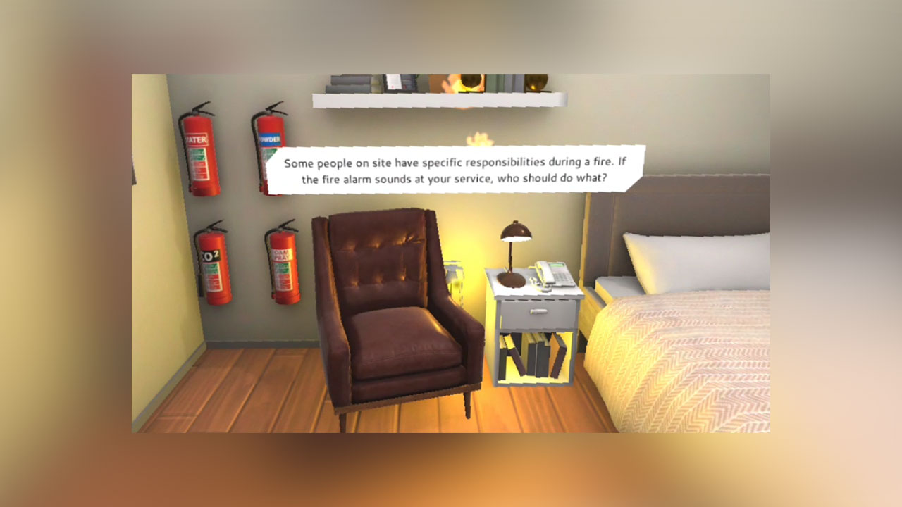 Still from VR Fire Safety Training, showing a plug point on fire in a bedroom setting, with the question Some people on site have specific responsibilities during a fire. If the fire alarm sounds at your service, who should do what? over the image.