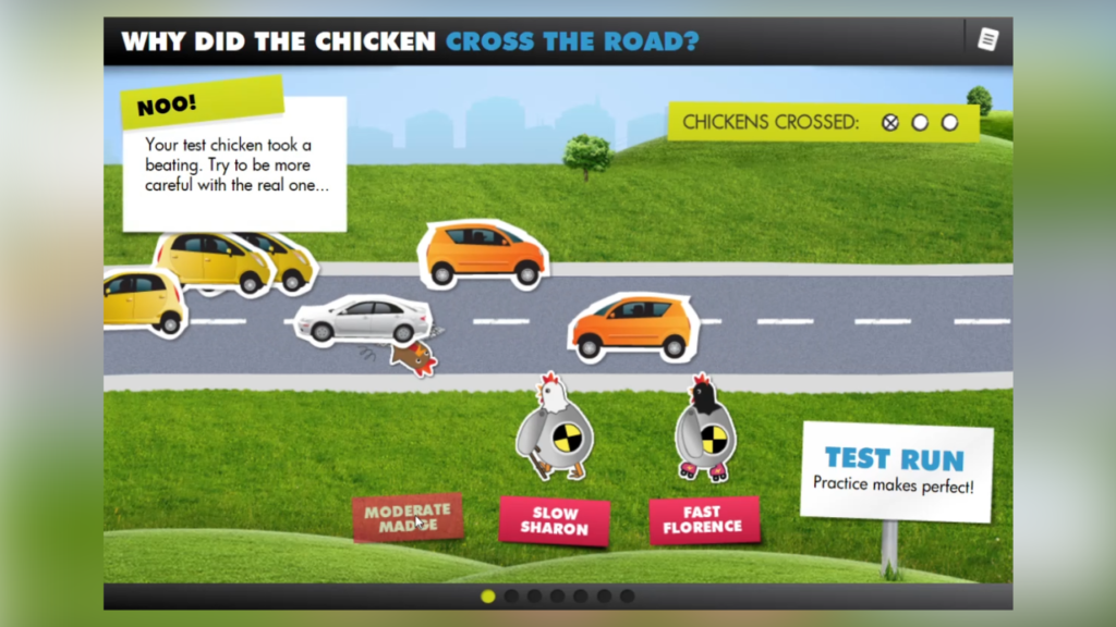 Still from Health and Safety Training Game of Chickens Crossing a busy Road