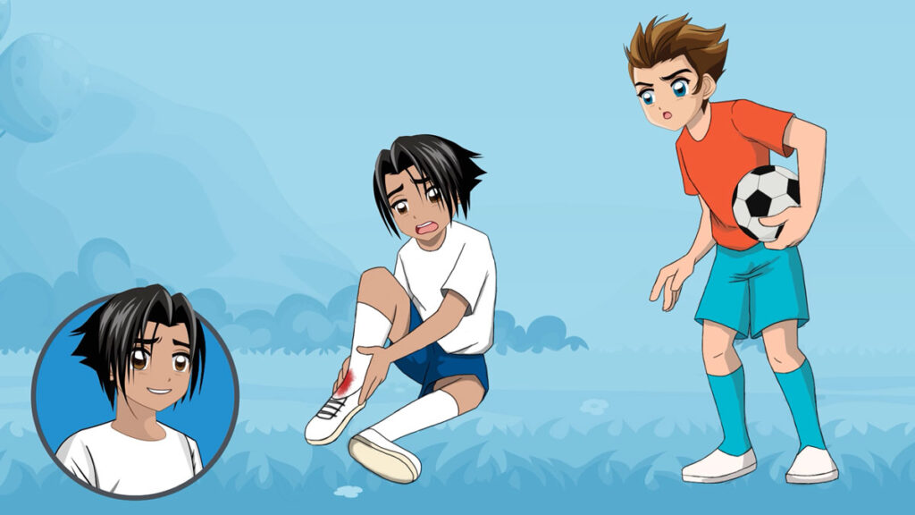 Two Children wearing football kits drawn in an Anime Style, Once standing and holding a football and the other sitting on the floor holding an injured ankle