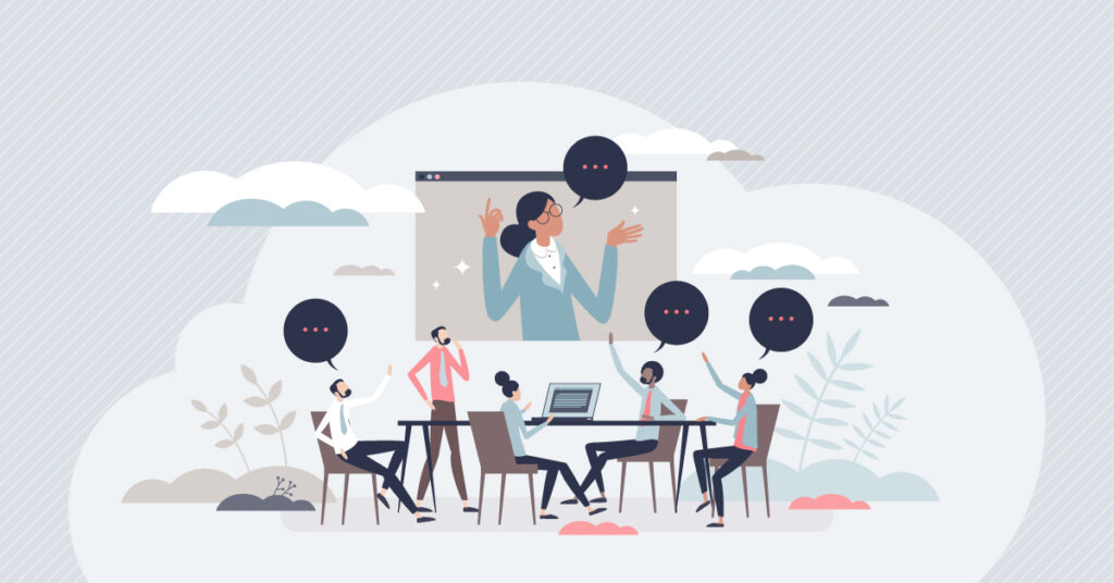 A 2d illustration of people in a meeting with one person on a screen