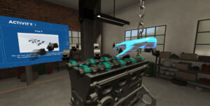 A Hand Holding a Car Part in VR, placing the part on an engine, with instructions on a screen in the background