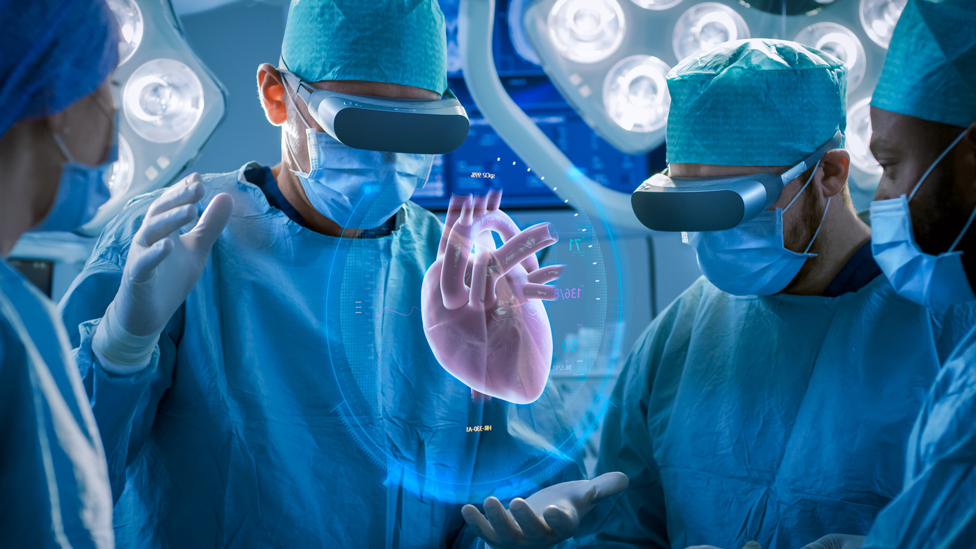 Surgeons using AR headsets to look at a heart