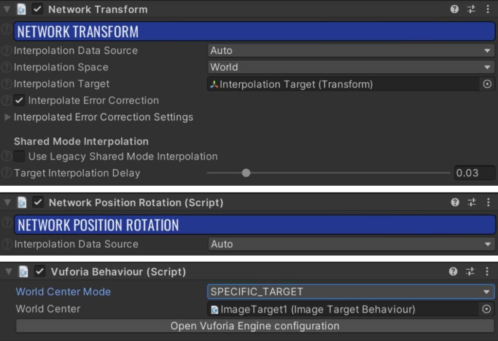 3 screenshots of the Network Transform and Network Position Rotation settings in Unity
