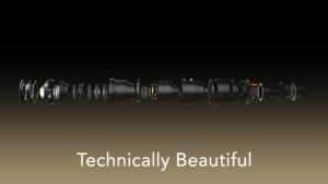A deconstructed Cooke camera lense spread across the screen to showcase each different component, with the text 'Technically Beautiful'