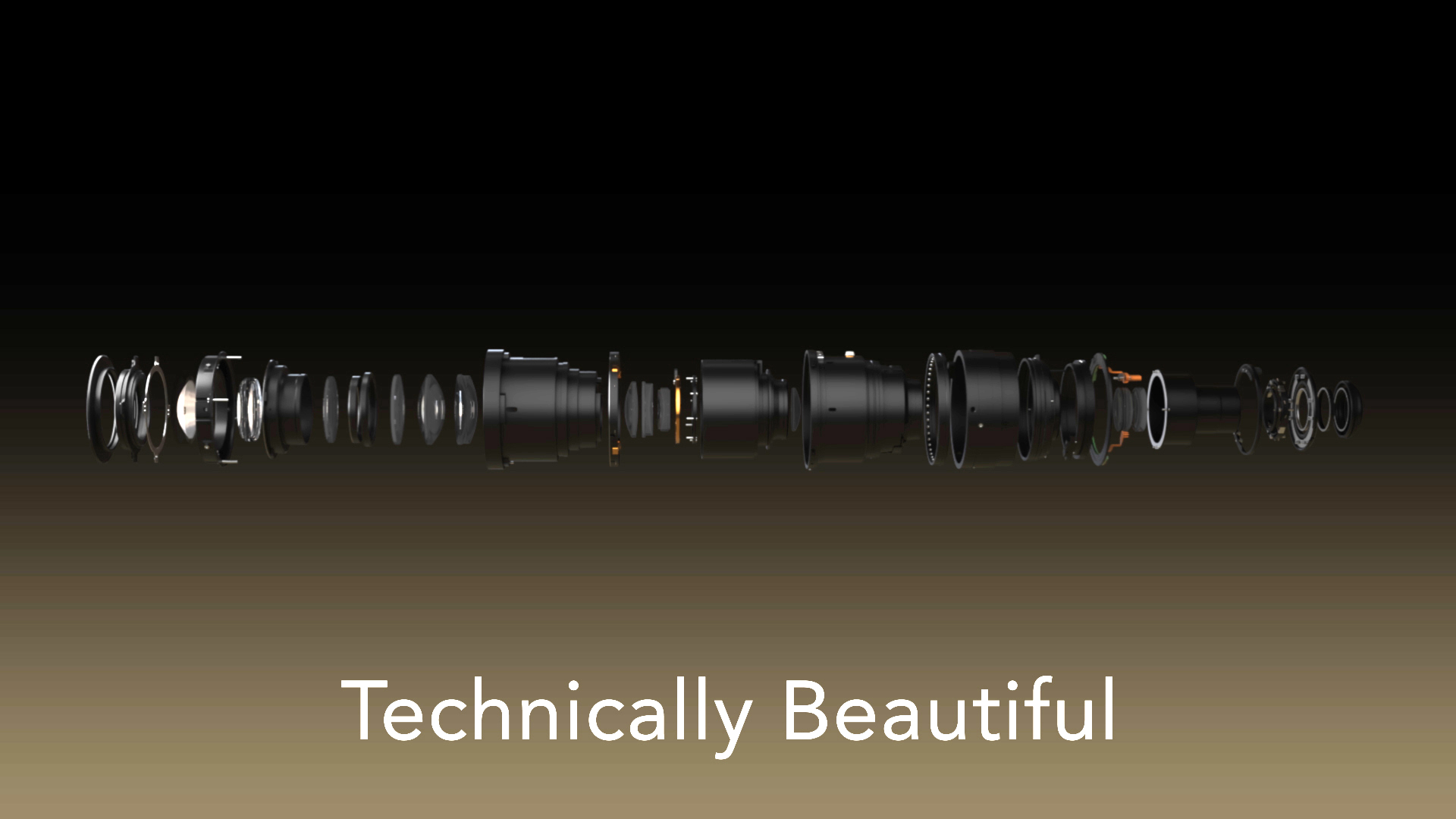 A deconstructed Cooke camera lense spear across the screen to showcase each different component, with the text 'Technically Beautiful'