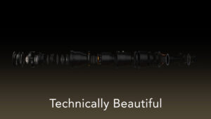 A deconstructed Cooke camera lense spear across the screen to showcase each different component, with the text 'Technically Beautiful'