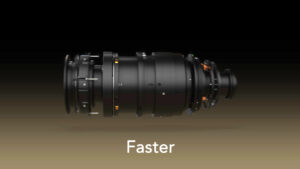 A partially deconstructed Cooke camera lense with the text 'Fast' below