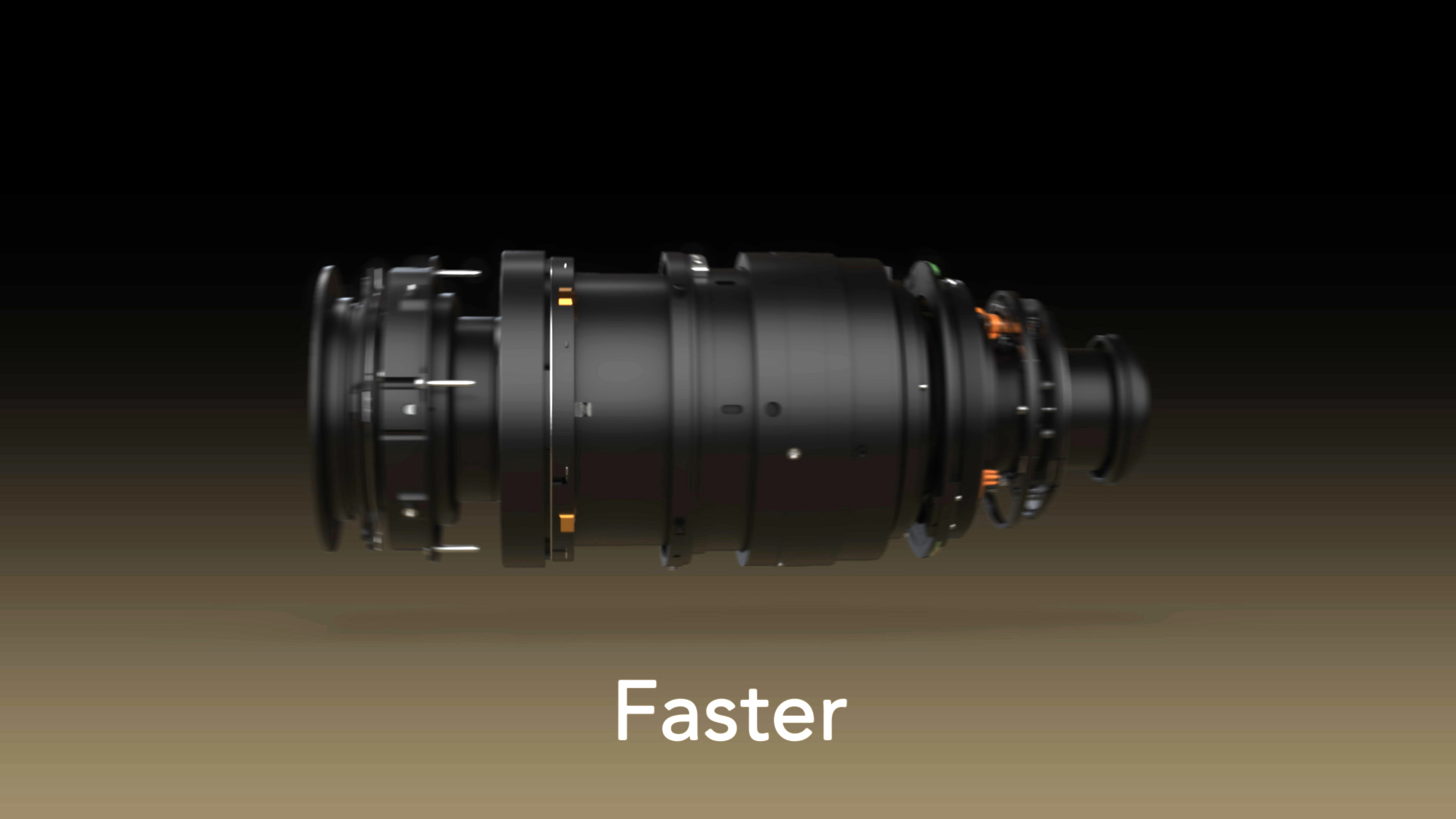 A partially deconstructed Cooke camera lense with the text 'Fast' below