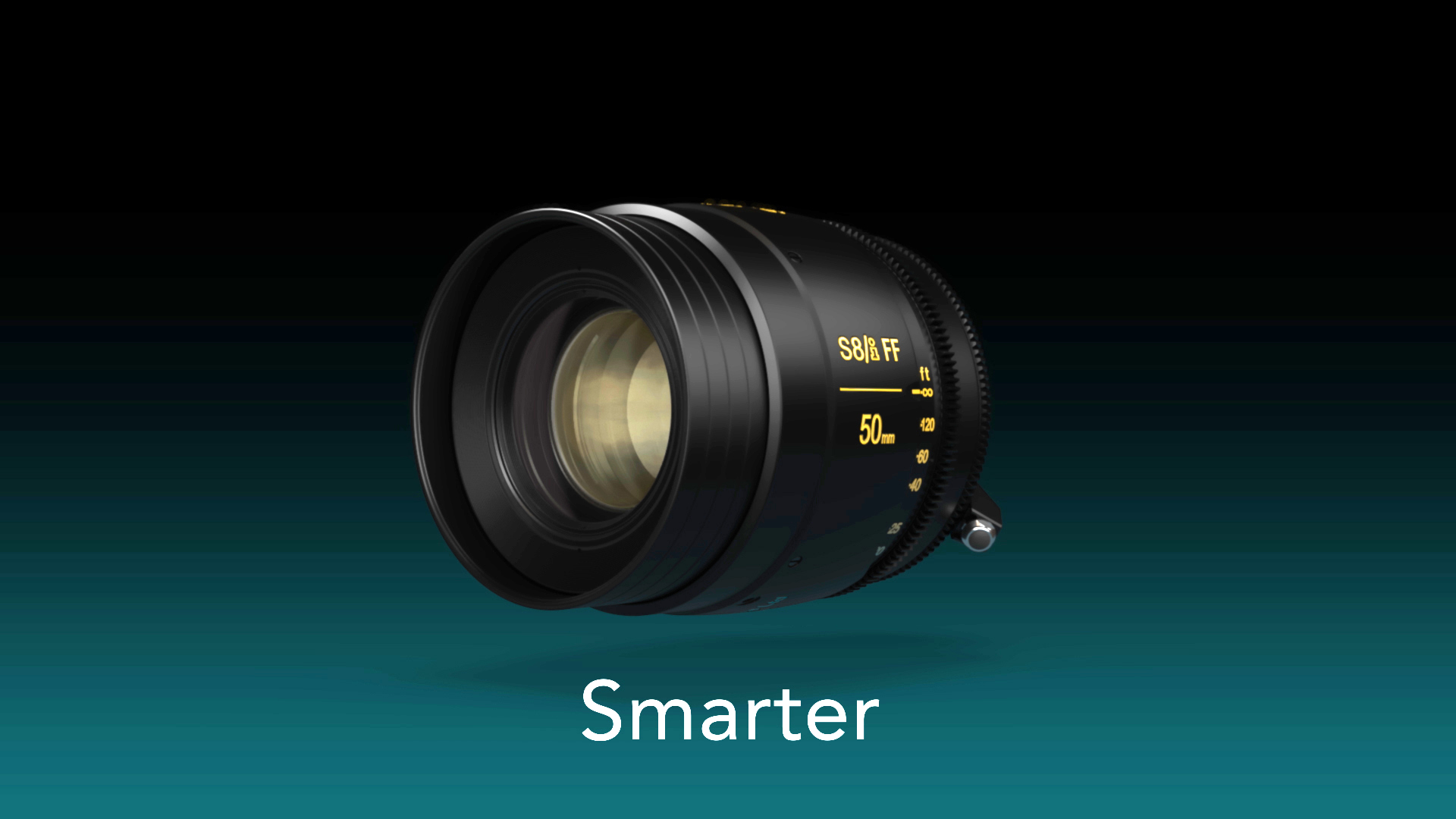 A 3/4 angle shot of a Cooke camera lense with the text Smarter below