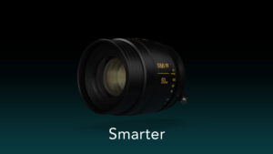 A 3/4 angle shot of a Cooke camera lense with the text Smarter below