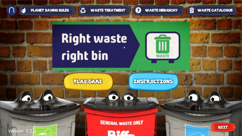 The homescreen of the Biffa Northern 'Right Waste Right Bin' game that shows three bins at the bottom