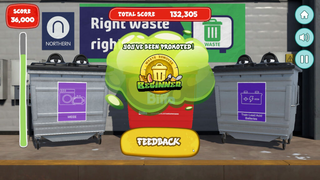 The Right Waste Right Bin game screen with the Beginner badge bubble and feedback button