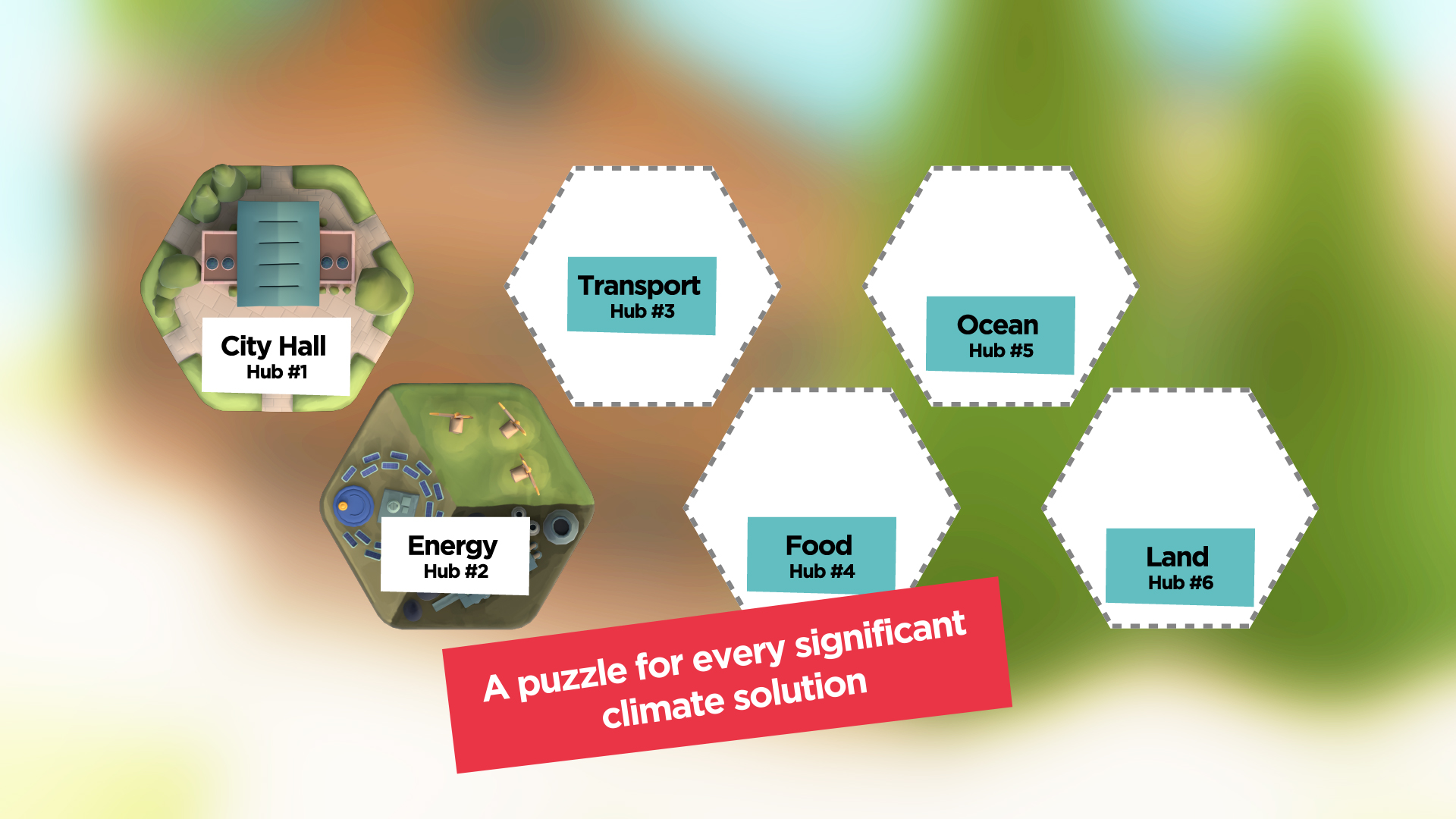6 hexagons representing different types of climate solutions, with the City Hall and the Energy hexagons filled in with a birds eye view of the respective environment.