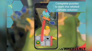 A phone showing an AR app about climate change, with the text 'Complete puzzles to earn the related climate solution'