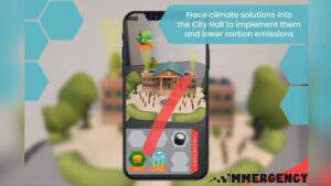 A phone showing an AR app with people stood around a town hall, with the text 'Place climate solutions into the City Hall to implement them and lower carbon emissions'