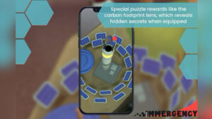 Phone showing an AR game with a Solar farm with the text 'Special puzzle rewards like the carbon footprint lens, which reveals hidden secrets when equipped'