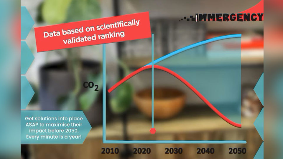 A line graph in AR showing the current CO2 emissions trajectory, then how much it can be lowered, with the text 'Get solutions into place ASAP to maximise their impact before 2050. Every minute is a year!', then next to the graph is the text 'Data based on scientifically validated ranking'