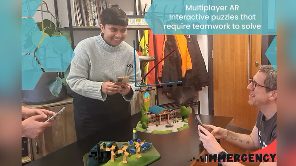 Three people standing and sitting around a table playing an AR game together, with the text 'Multiplayer AR Interactive puzzles that require teamwork to solve'