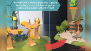 3D models of a wind turbines and a town hall in a real environment with the text 'Solve puzzle hubs to gain public support. Move the physical printouts together to bring the public to the City Hall!'