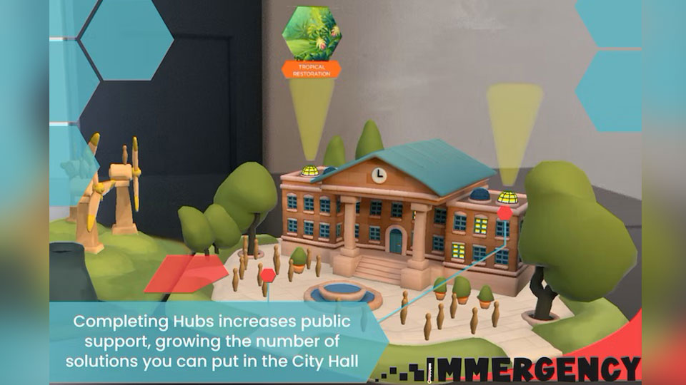 3D model of a town hall with people surrounding it, with 2 spotlights shining out the top of the town hall, with the text 'Completing Hubs increases public support, growing the number of solutions you can put in the City Hall'
