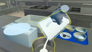 A screengrab from the VR Cooking training, showing the user pouring milk in to a saucepan